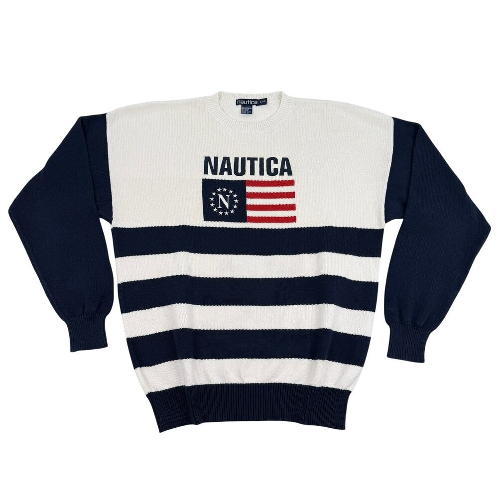Vintage Nautica USA Flag Sweater Large 90s Cotton Knit Preppy Americana